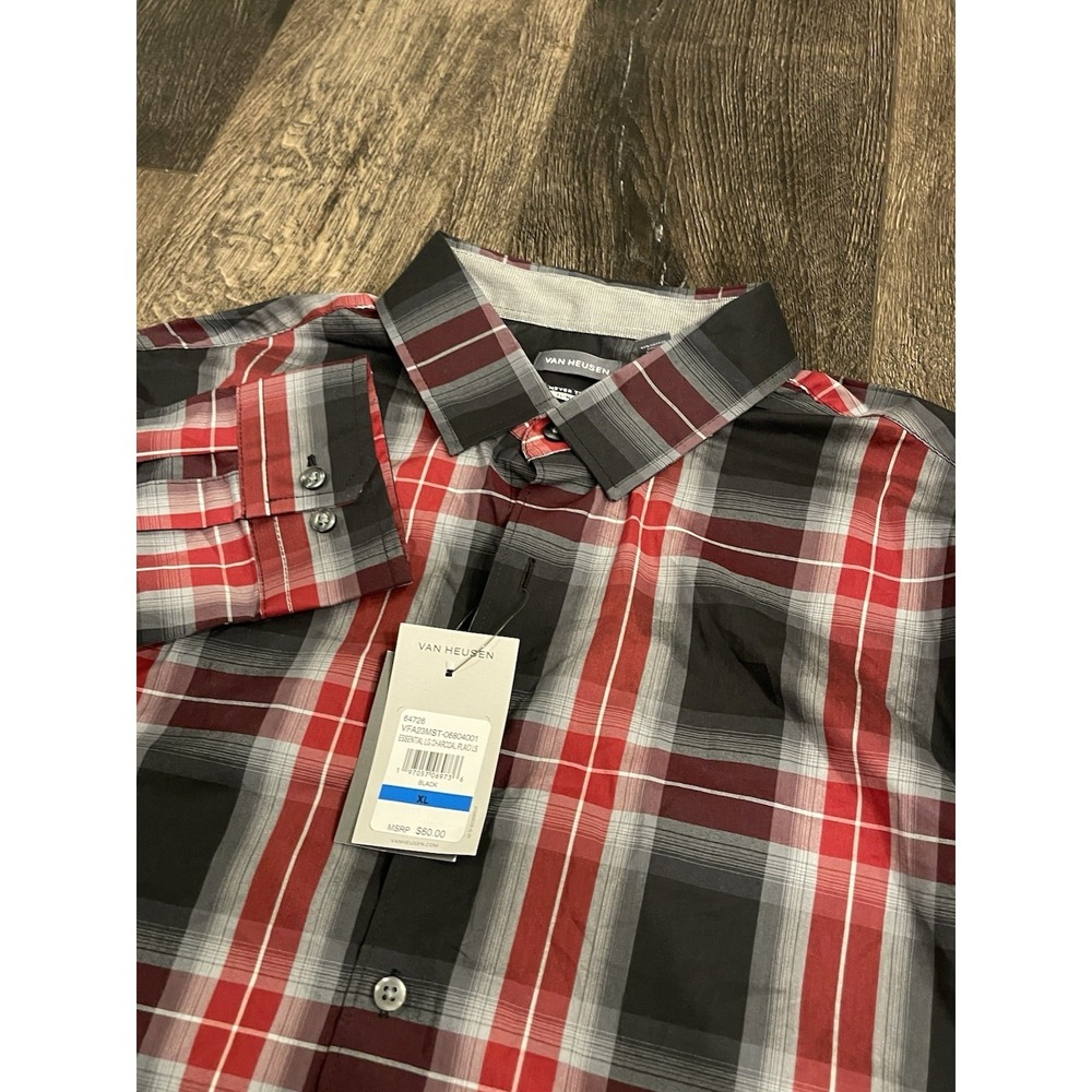 Van Heusen Essential Plaid Long Sleeve Shirt Men's XL Never Tuck Black Red NWT